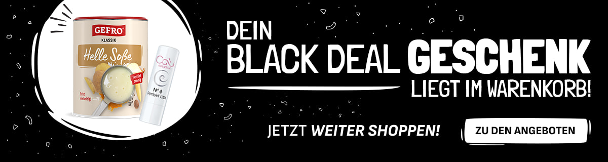 Werbebanner in verschiedenen Formaten für die Gefro-Black-Deal-Aktion. Zu sehen ist eine Dose „Gefro Helle Soße“ und ein Calu-Produkt. Daneben steht der Text: „Dein Black Deal Geschenk liegt im Warenkorb! Jetzt weiter shoppen! Zu den Angeboten“. Die Grafiken sind in Schwarz-Weiß mit dezenten Dekoelementen gestaltet.