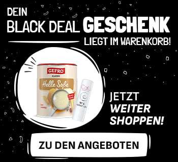 Werbebanner in verschiedenen Formaten für die Gefro-Black-Deal-Aktion. Zu sehen ist eine Dose „Gefro Helle Soße“ und ein Calu-Produkt. Daneben steht der Text: „Dein Black Deal Geschenk liegt im Warenkorb! Jetzt weiter shoppen! Zu den Angeboten“. Die Grafiken sind in Schwarz-Weiß mit dezenten Dekoelementen gestaltet.