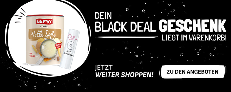 Werbebanner in verschiedenen Formaten für die Gefro-Black-Deal-Aktion. Zu sehen ist eine Dose „Gefro Helle Soße“ und ein Calu-Produkt. Daneben steht der Text: „Dein Black Deal Geschenk liegt im Warenkorb! Jetzt weiter shoppen! Zu den Angeboten“. Die Grafiken sind in Schwarz-Weiß mit dezenten Dekoelementen gestaltet.