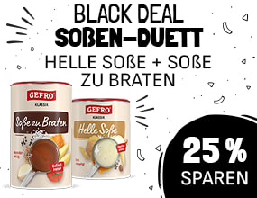 Werbebild für das „Black Deal Soßen-Duett“-Angebot von Gefro. Gezeigt sind zwei Dosen mit Soßenpulver: „Soße zu Braten“ und „Helle Soße“. Daneben steht der Text „25 % sparen“. Der Hintergrund ist weiß mit grafischen Soßenspritzern verziert.