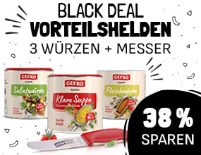 Werbebild für das „Black Deal Vorteilshelden“-Angebot von Gefro. Abgebildet sind drei Gewürzdosen – Salatwürze, Klare Suppe und Fleischwürze – sowie ein Küchenmesser mit rotem Griff. Text im Bild: „Black Deal Vorteilshelden – 3 Würzen + Messer – 38 % sparen“
