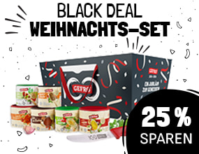 Werbebild für ein „Black Deal Weihnachts-Set“. Abgebildet ist eine dunkel designte Geschenkbox mit rotem Griff und mehreren Gewürzdosen davor. Ein Kreis mit der Aufschrift „25 % sparen“ hebt den Rabatt hervor.