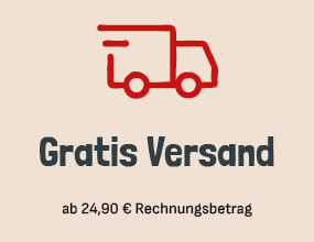 Rote Illustration eines Lieferwagens über dem Text „Gratis Versand“. Darunter steht „ab 24,90 € Rechnungsbetrag“.