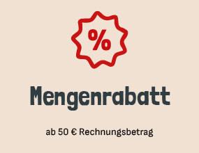 Rote Prozent-Symbol-Grafik über dem Text „Mengenrabatt“. Darunter steht „ab 50 € Rechnungsbetrag“.