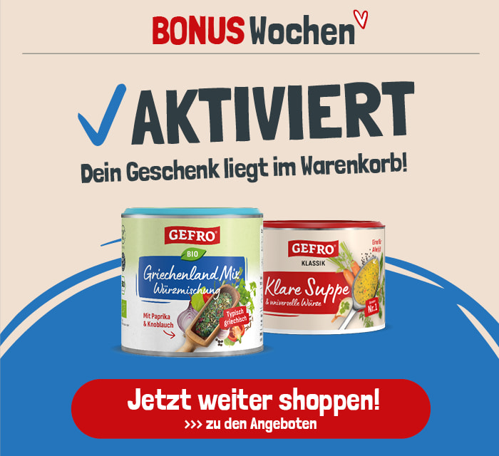 AKTIVIERT“ in der Mitte. Darunter steht in Weiß und Rot der Text „✓ GESCHENK LIEGT IM WARENKORB“, umgeben vom sich wiederholenden hellgrauen Schriftzug „BONUS-WOCHEN