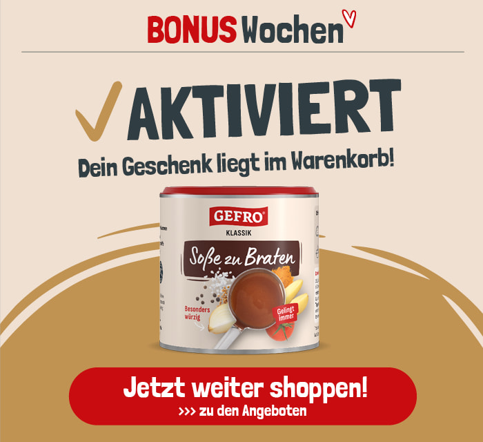 AKTIVIERT“ in der Mitte. Darunter steht in Weiß und Rot der Text „✓ GESCHENK LIEGT IM WARENKORB“, umgeben vom sich wiederholenden hellgrauen Schriftzug „BONUS-WOCHEN