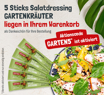 5 Sticks Salat-Dressing Gartenkräuter neben einem leckeren Salat. Text dazu: 5 Sticks Salat-Dressing Gartenkräuter liegen in Ihrem Warenkorb als Dankeschön für Ihre Bestellung. Actions-Code GARTEN5* ist aktiviert. *Bereits aktiviert und nur einmalig einlösbar. 