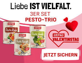 Drei Gefro-Pesto-Produkte in unterschiedlichen Sorten vor rotem Hintergrund mit Herzen. Text: „Liebe ist Vielfalt – 3er Set Pesto-Trio“, Herzsymbol „Gefro Valentinstag“.