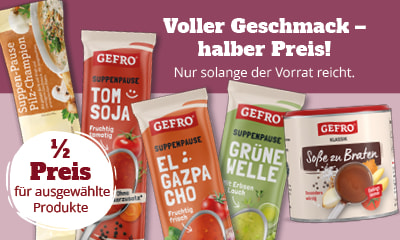 GEFRO 6er Set „Suppenpause“ mit den Sorten El Gazpacho, Pilz-Champion, Tom Soja, Taste of Asia, Grüne Welle und Süße Knolle und Soße zu Braten 130g – Aktionsangebot, nur kurze Zeit 50 Prozent reduziert.