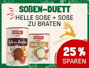 Produktteaser mit zwei GEFRO-Dosen: „Soße zu Braten“ und „Helle Soße“. Darüber der Titel „Soßen-Duett – Helle Soße + Soße zu Braten“. Rechts ein roter Kreis mit „25 % sparen“. Goldener Rentierprint als Dekoelement.