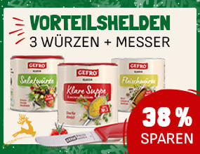 Produktteaser mit drei GEFRO-Dosen der Sorten Salatwürze, Klare Suppe und Fleischwürze sowie einem roten Küchenmesser. Darüber der Titel „Vorteilshelden – 3 Würzen + Messer“. Rechts ein roter Kreis mit „38 % sparen“.