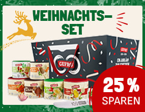 Werbebild für ein „Black Deal Weihnachts-Set“. Abgebildet ist eine dunkel designte Geschenkbox mit rotem Griff und mehreren Gewürzdosen davor. Ein Kreis mit der Aufschrift „25 % sparen“ hebt den Rabatt hervor.