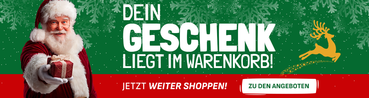 Breites Weihnachtsbanner: Ein freundlicher Weihnachtsmann hält ein Geschenk nach vorne. Große Textbotschaft: „Dein Geschenk liegt im Warenkorb!“. Rechts ein goldener springender Rentierprint. Unten ein roter Balken mit dem Button „Jetzt weiter shoppen!“ und daneben „Zu den Angeboten“.