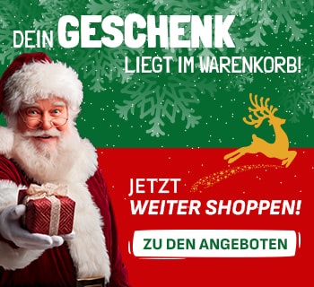 Mobiles Banner mit Weihnachtsmann, der ein Geschenk hält. Text: „Dein Geschenk liegt im Warenkorb!“. Darunter ein roter Bereich mit „Jetzt weiter shoppen!“ und einem Button „Zu den Angeboten“. Rechts ein goldener Rentierprint.