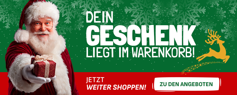 Tablet-Banner mit weihnachtlichem Hintergrund. Ein Weihnachtsmann reicht ein Geschenk nach vorne. Text: „Dein Geschenk liegt im Warenkorb!“. Unten roter Balken mit „Jetzt weiter shoppen!“ und Button „Zu den Angeboten“. Rechts ein goldener Rentier.
