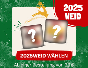 Kleiner Weihnachtsteaser mit zwei verschwommen dargestellten Überraschungsgeschenken mit Fragezeichen. Darüber ein goldener springender Rentier-Silhouettenprint und rechts der Text „2025 WEID“. Unten der Button „2025WEID wählen“, ergänzt um Hinweis „Ab einer Bestellung von 30 €“.