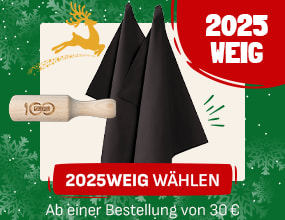 Weihnachtsteaser mit zwi schwarzen Geschirrhandtüchern und einer Gewürzschaufel, der ein GEFRO-Logo trägt. Oben ein goldener Rentierprint, rechts der Text „2025 WEIG“. Unten Button „2025WEIG wählen“ und Hinweis „Ab einer Bestellung von 30 €“.