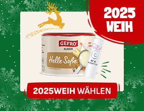 Weihnachtsteaser mit einer Dose GEFRO „Helle Soße“ und einem Lippenpflegestift. Oben goldener Rentierprint und rechts der Text „2025 WEIH“. Unten Button „2025WEIH wählen“.