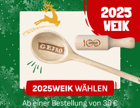 Weihnachtsteaser mit einem großen hölzernen Kochlöffel und einem kleinen Gewürzschaufel, beide mit GEFRO-Prägung. Oben goldener Rentierprint und rechts der Text „2025 WEIK“. Unten Button „2025WEIK wählen“ und Hinweis „Ab einer Bestellung von 30 €“.