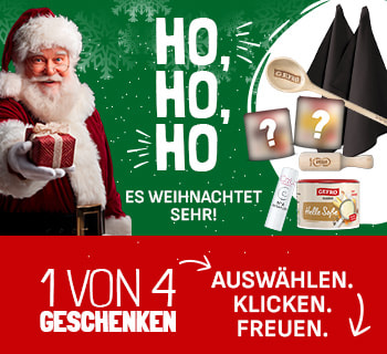 Mobiles Weihnachtsbanner mit Weihnachtsmann, der ein Geschenk nach vorne hält. Text „Ho, Ho, Ho – Es weihnachtet sehr!“ Daneben verschiedene Geschenkoptionen. Unten roter Bereich mit „1 von 4 Geschenken – Auswählen. Klicken. Freuen.“ sowie Pfeilgrafiken.