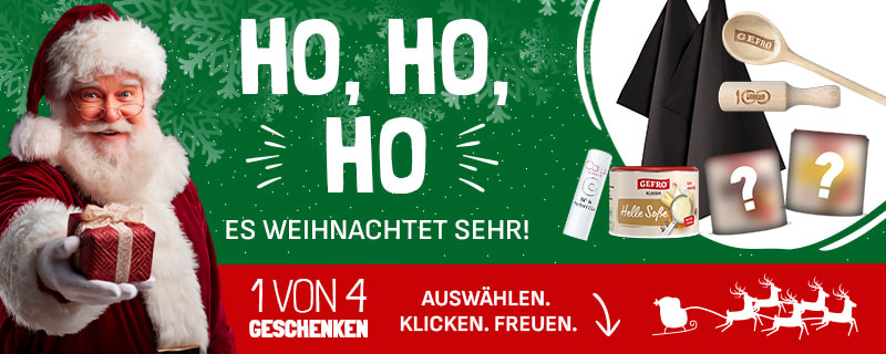 Weihnachtliches Banner mit lächelndem Weihnachtsmann, der ein Geschenk nach vorne hält. Daneben der Schriftzug „Ho, Ho, Ho – Es weihnachtet sehr!“. Unten Hinweis „1 von 4 Geschenken – Auswählen. Klicken. Freuen.“ Rechts verschiedene Geschenkoptionen wie Kochlöffel, schwarzes Tuch, Gewürzdose und zwei verdeckte Überraschungsgeschenke.