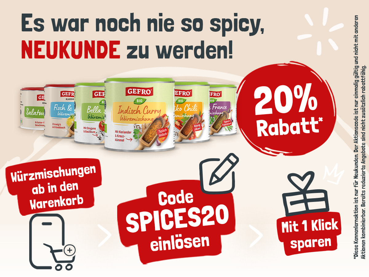 Summer of spices: Es war noch nie so spicy Neukunde zu werden! 20% Rabatt mit dem Code Spices20 - jetzt im Warenkorb eingeben und bei allen Würzmischungen sparen