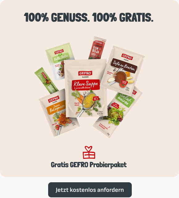 Gratis Probierpaket: Mal was Neues probieren. 100 % Genuss. 100% gratis. Gratis GEFRO Probierpaket. Jetzt kostenlos anfordern