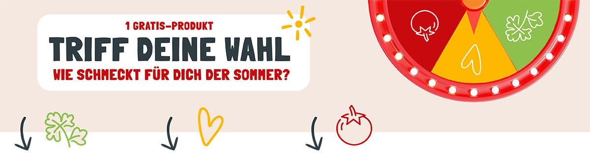 Banner Bild mit dem Slogan Triff Deine Wahl 1 Gratis-Produkt aus unserer "Wie schmeckt der Sommer für dich" Kampange. Ein Bild von einem bunten Glücksrad mit Symbolen von: Herz, Tomate, Kräuter.