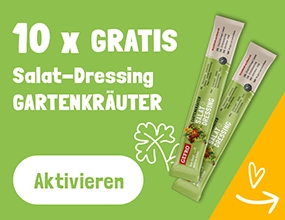 2 Sticks Gartenkräuter auf grün, gelben Hintergrund mit Satz: 10 gratis Salat-Dressing Gartenkräuter Sticks. Jetzt aktivieren
