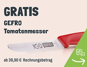GEFRO Tomatenmesser auf einem Beigem Hintergrund mit dem Satz Gratis GEFRO Tomatenmesser