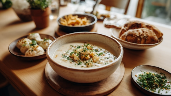 Cremige Suppe mit Kräutern und Croutons auf Holztisch, dazu frisches Brot und Beilagen in gemütlicher Atmosphäre.