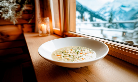 Zwei Schalen mit heißer Graupensuppe stehen am Fenster, draußen fällt Schnee, Kerzen sorgen für warmes Licht.