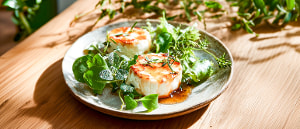 Gratinierter Ziegenk&auml;se mit Honig auf Kr&auml;utersalat