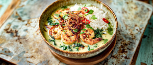 Garnelencurry in Kokosmilch mit Karamellzwiebeln