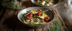 Seeteufelragout mit grünem Spargel und Champignons