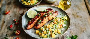 Gegrillter Curry-Lachs mit Mango-Gurken-Salsa