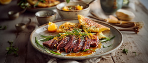 Entenbrust mit Orangensoße und Sesam-Omelettes