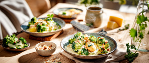Mandel-Broccoli mit Allg&auml;uer K&auml;seso&szlig;e und Petersilienkartoffeln