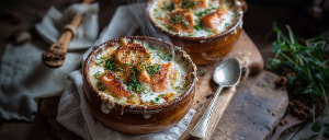 Gratinierte Kartoffelsuppe mit geräucherter Forelle