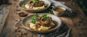 Kalbsleber in Zwiebel-Pilzsoße mit Kartoffelstampf