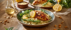 Huhn mit Zitrone gebraten auf Rucola-Couscous