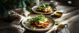 Süßkartoffelrösti mit Ziegenkäse und Rucola