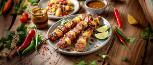 Schweinefilet-Ananas-Spieß mit kreolischer Soße