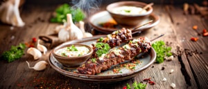 Würzige Hackfleisch-Grillspieße mit Knoblauchsoße