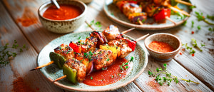 Schaschlikspieße mit pikanter Soße