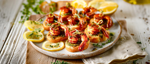 Pesto-Garnelen auf Knoblauch-R&ouml;stbrot