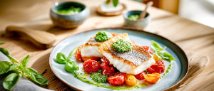 Zanderfilet auf Tomaten mit gr&uuml;ner Pestoso&szlig;e