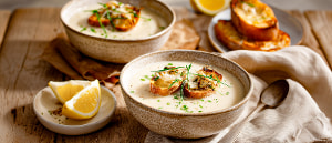 Blumenkohlcremesuppe mit Schnittlauch und Makrelen-Croûtons