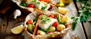 Kabeljaufilet und Frühlingsgemüse im Papier gegart