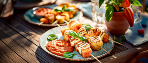 Halloumi-Kartoffelspieß mit scharfem Tomatendip